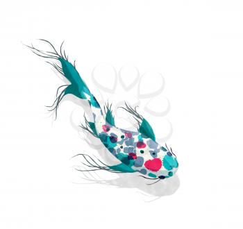 Watercolor koi fish and shadow over white background