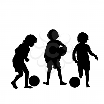 Vector silhouette of children playing soccer, isolated, grouped objects over white background