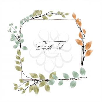 Watercolor composition with twigs and coy space over white background