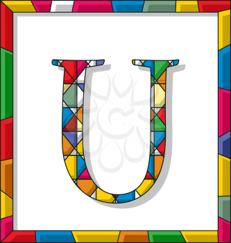 Stained glass letter U over white background, framed vector