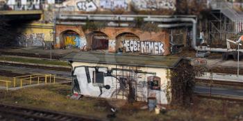 Neglected train halt covered in graffiti in Berlin, Germany