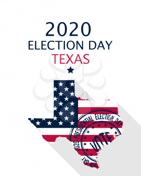 2020 United States of America Presidential Election Texas vector template.  USA flag, vote stamp and Texas silhouette