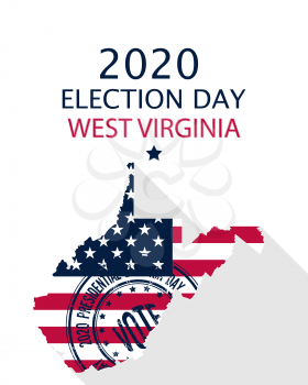 2020 United States of America Presidential Election West Virginia state vector template.  USA flag, vote stamp and West Virginia silhouette