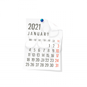 2021 Calendar on white paper, January. Editable vector over white background