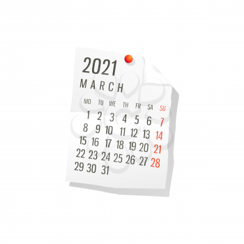 2021 Calendar on white paper, March. Editable vector over white background