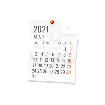 2021 Calendar on white paper, May. Editable vector over white background