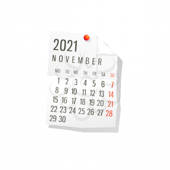 2021 Calendar on white paper, November. Editable vector over white background
