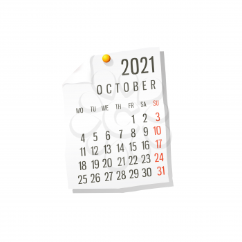 2021 Calendar on white paper, October. Editable vector over white background