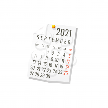 2021 Calendar on white paper, September. Editable vector over white background