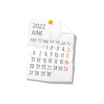 2022 Calendar on white paper, June. Editable vector over white background