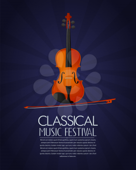 Concept for classical music festival flyer, poster with violin and bow. Editable vector composition with copy space.