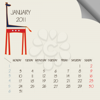 january 2011 animals calendar, abstract vector art illustration