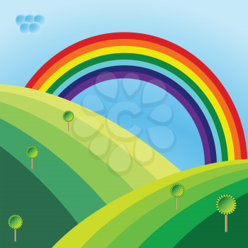 retro landscape with trees and rainbow, abstract vector art illustration