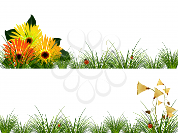 headers with flowers, grass and ladybugs; abstract vector art illustration; image contains transparency