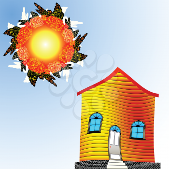 twisted house and sun, abstract vector art illustration; image contains transparency
