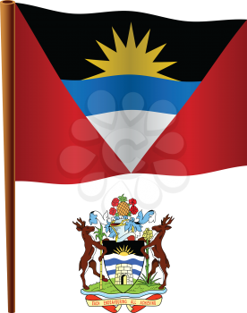 antigua and barbuda wavy flag and coat of arms against white background, vector art illustration, image contains transparency