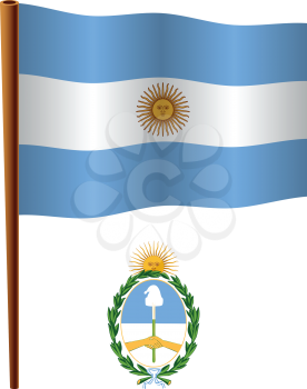 argentina wavy flag and coat of arms against white background, vector art illustration, image contains transparency