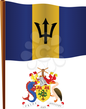 barbados wavy flag and coat of arms against white background, vector art illustration, image contains transparency