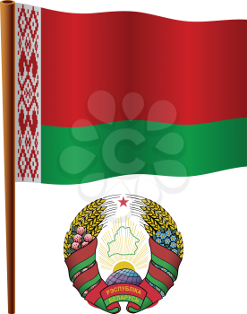 belarus wavy flag and coat of arms against white background, vector art illustration, image contains transparency