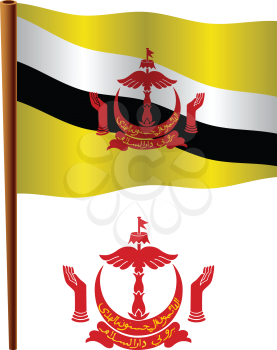 brunei wavy flag and coat of arms against white background, vector art illustration, image contains transparency