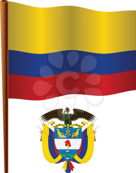 colombia wavy flag and coat of arms against white background, vector art illustration, image contains transparency