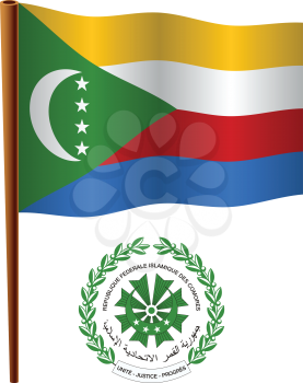 comoros wavy flag and coat of arms against white background, vector art illustration, image contains transparency