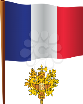 france wavy flag and coat of arms against white background, vector art illustration, image contains transparency