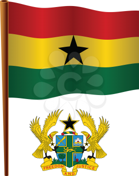 ghana wavy flag and coat of arms against white background, vector art illustration, image contains transparency