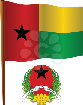guinea bissau wavy flag and coat of arms against white background, vector art illustration, image contains transparency