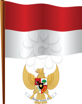 indonesia wavy flag and coat of arms against white background, vector art illustration, image contains transparency