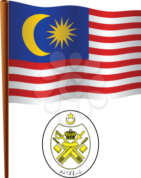 malaysia wavy flag and coat of arm against white background, vector art illustration, image contains transparency