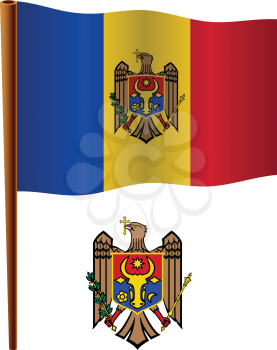 moldova wavy flag and coat of arm against white background, vector art illustration, image contains transparency