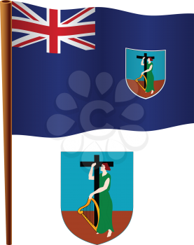 montserrat wavy flag and coat of arm against white background, vector art illustration, image contains transparency