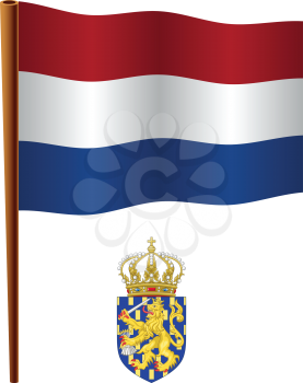 netherlands wavy flag and coat of arms against white background, vector art illustration, image contains transparency