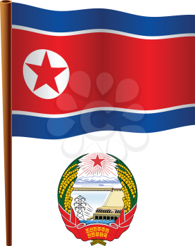 north korea wavy flag and coat of arm against white background, vector art illustration, image contains transparency