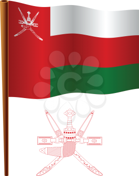 oman wavy flag and coat of arm against white background, vector art illustration, image contains transparency
