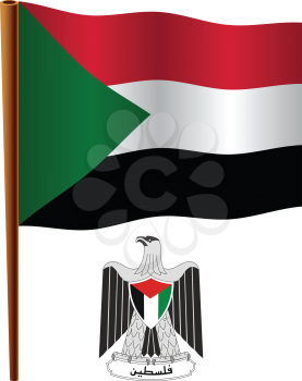 palestine wavy flag and coat of arm against white background, vector art illustration, image contains transparency