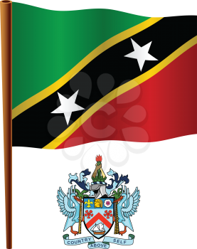 saint kitts and nevis wavy flag and coat of arm against white background, vector art illustration, image contains transparency