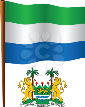 sierra leone wavy flag and coat of arm against white background, vector art illustration, image contains transparency