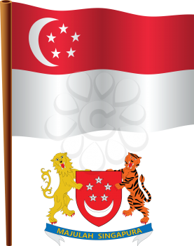 singapore wavy flag and coat of arm against white background, vector art illustration, image contains transparency