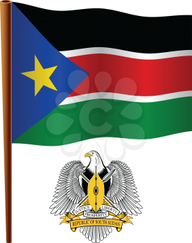 south sudan wavy flag and coat of arm against white background, vector art illustration, image contains transparency