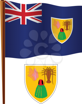 turks and caicos islands wavy flag and coat of arm against white background, vector art illustration, image contains transparency