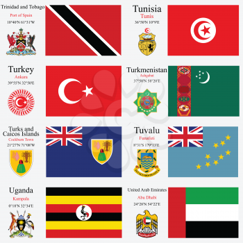 world flags of Trinidad and Tobago, Tunisia, Turkey, Turkmenistan, Turks and Caicos Islands, Tuvalu, Uganda and United Arab Emirates, with capitals, geographic coordinates and coat of arms, vector art