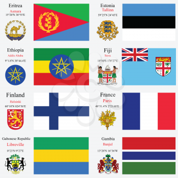 world flags of Eritrea, Estonia, Ethiopia, Fiji, Finland, France, Gabonese Republic and Gambia, with capitals, geographic coordinates and coat of arms, vector art illustration