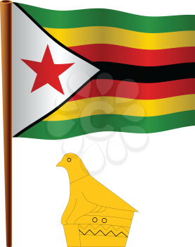 zimbabwe wavy flag and coat of arm against white background, vector art illustration, image contains transparency