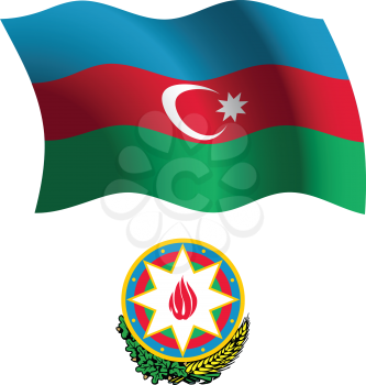 azerbaijan wavy flag and coat of arms against white background, vector art illustration, image contains transparency