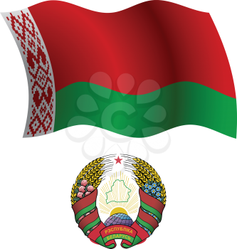 belarus wavy flag and coat of arms against white background, vector art illustration, image contains transparency