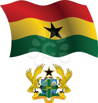 ghana wavy flag and coat of arms against white background, vector art illustration, image contains transparency
