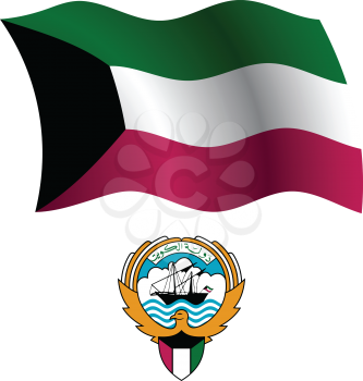 kuwait wavy flag and coat of arm against white background, vector art illustration, image contains transparency