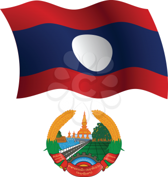 laos wavy flag and coat of arm against white background, vector art illustration, image contains transparency